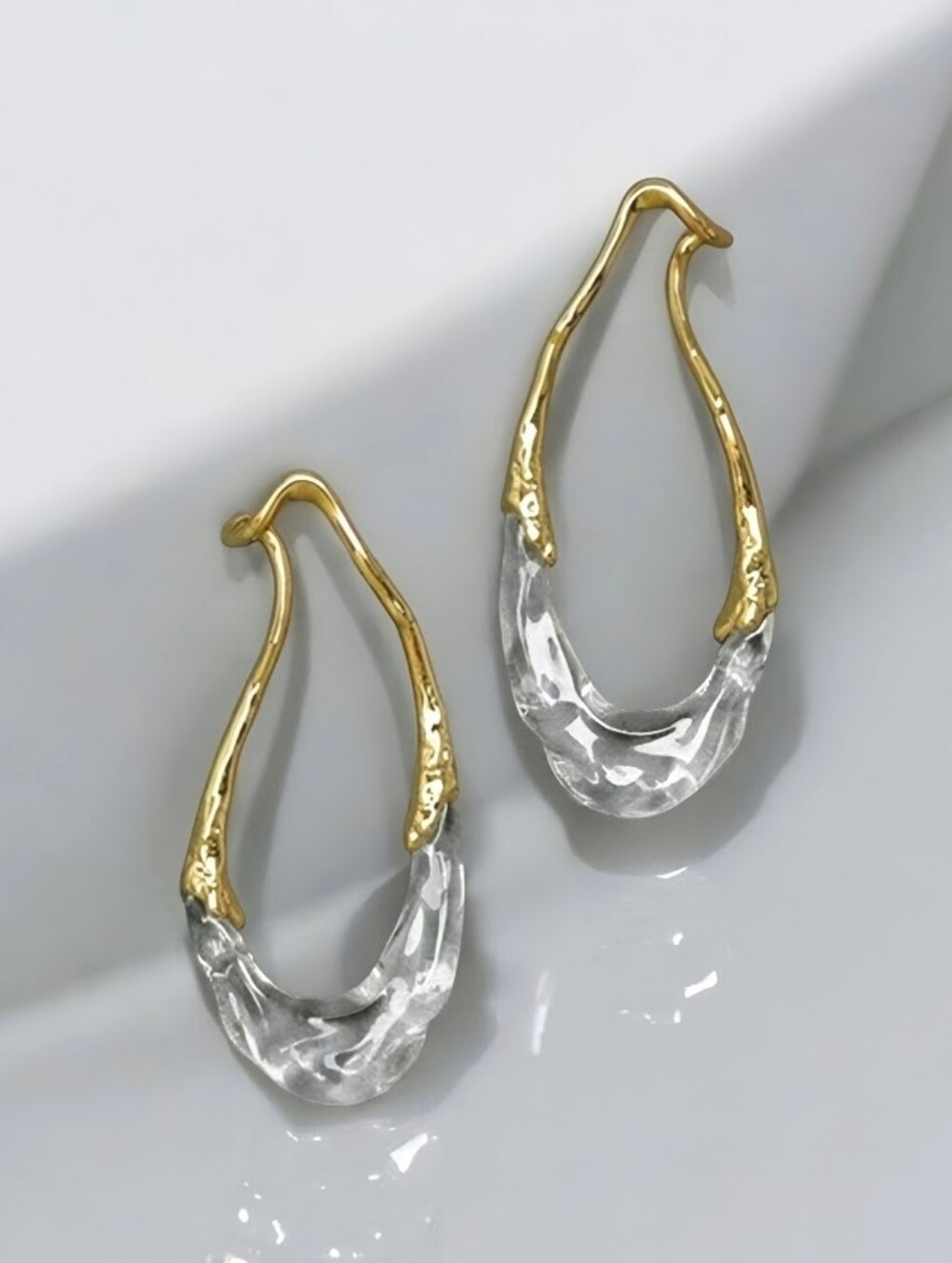 Gold Metal And Ice Molten Organic Oval Statement Earrings; Resin & Copper; NWOT